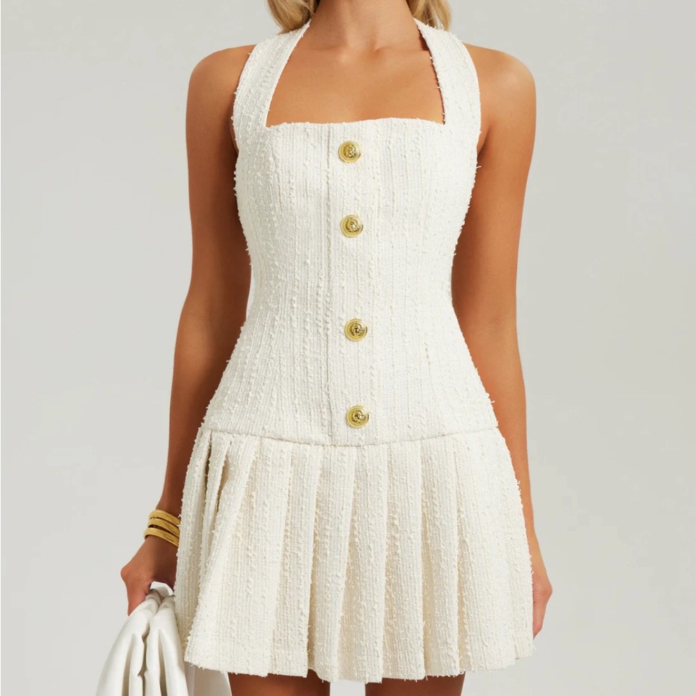 Square Neck Textured Mini Dress in Cream Heiress Beverly Hills Tweed Halter